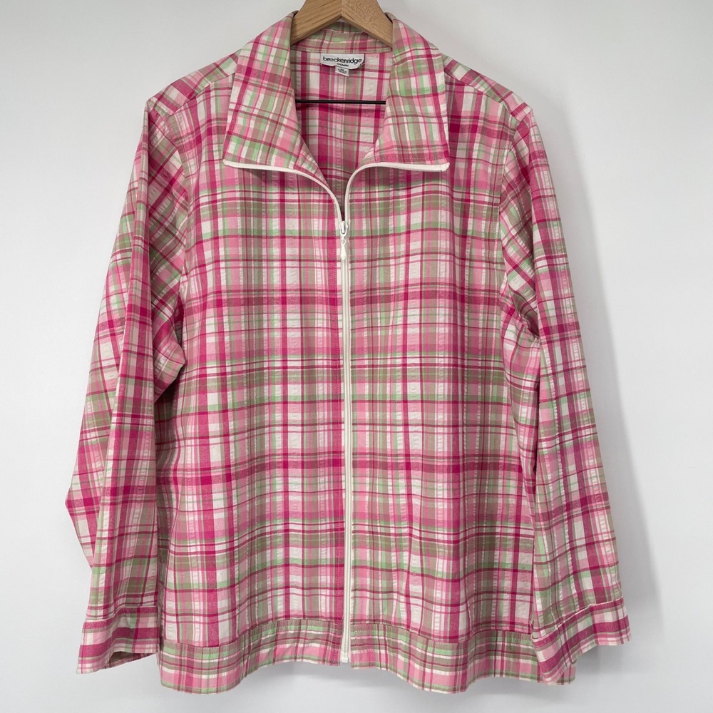 Breckenridge Madras Plaid Zip Front Jacket Women's 3X Pink Green Lightweight